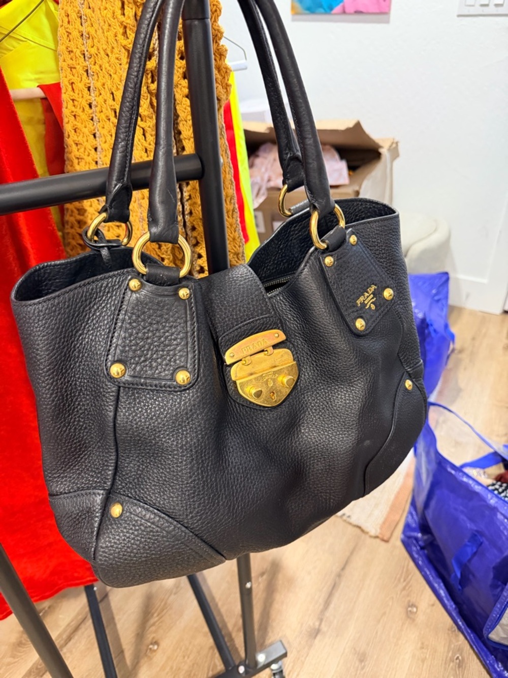 Prada Black Pebbled Leather Shoulder Bag with Gold-Tone Hardware